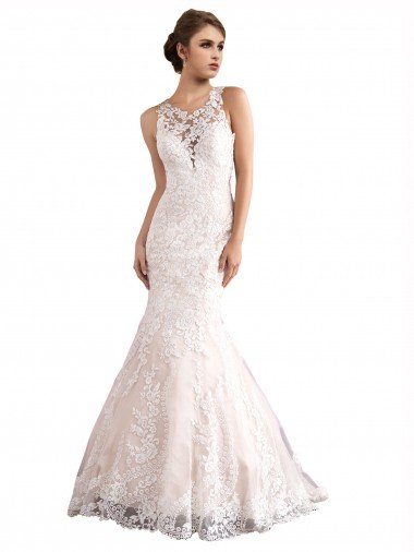 Shop Illusion Neck Fit and Flare Tulle Wedding Dress with All Over Lace Sydney