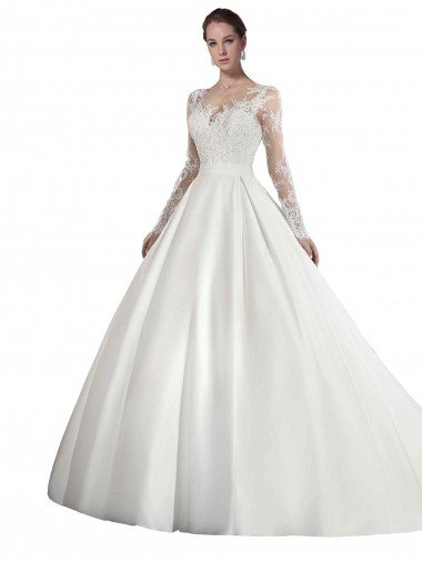 Shop Long Sleeves Illusion Neck A-Line Satin Wedding Dress with Lace Bodice Sydney