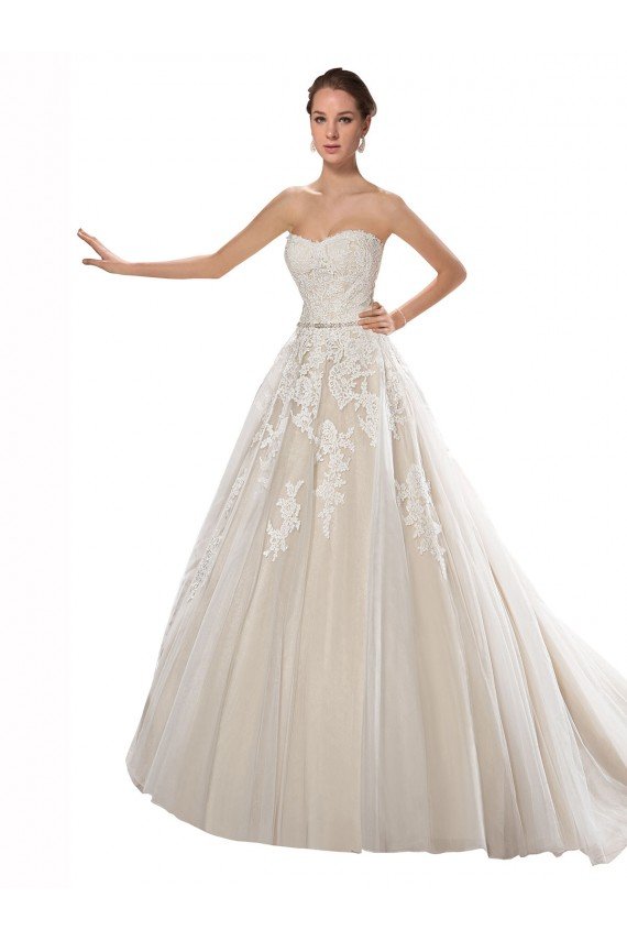 Strapless Ball Gown Tulle Wedding Dress with Lace Cascades Sydney