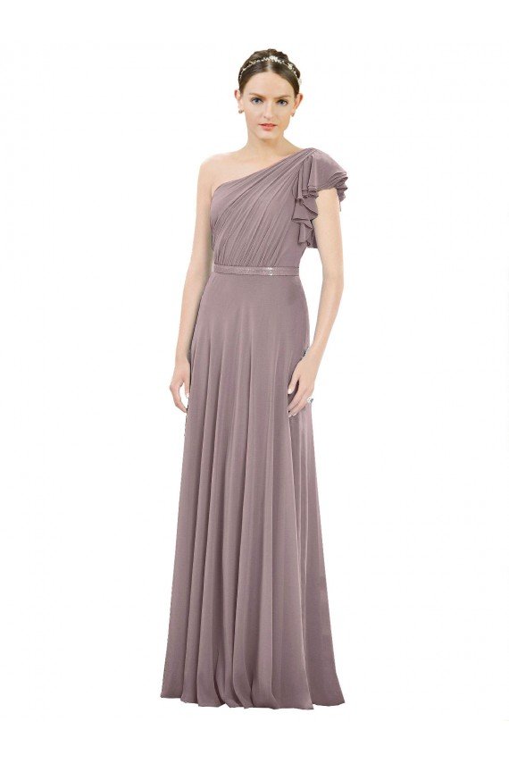 Shop Full Length One Shoulder Chiffon Bridesmaid Dress with Shoulder Ruffle Sydney