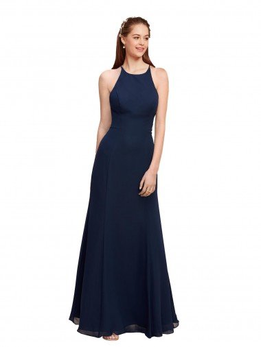 Shop High Halter Fit and Flare Long Chiffon Bridesmaid Dress / Prom Dress with Criss Cross Low Back Sydney