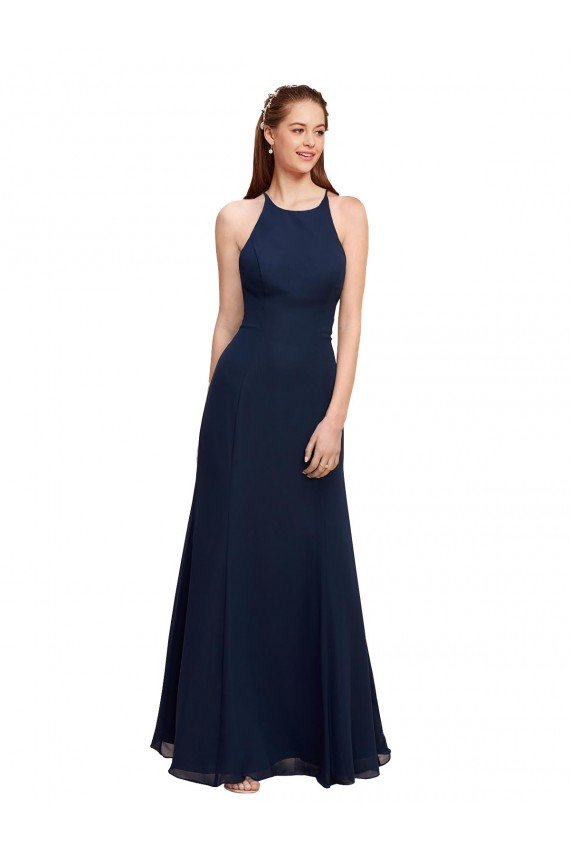 Shop High Halter Fit and Flare Long Chiffon Bridesmaid Dress / Prom Dress with Criss Cross Low Back Sydney