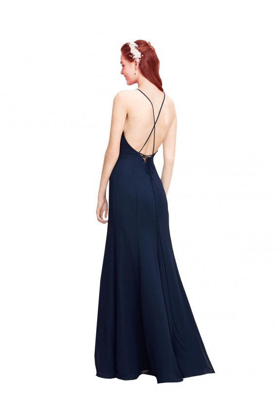 Shop High Halter Fit and Flare Long Chiffon Bridesmaid Dress / Prom Dress with Criss Cross Low Back Sydney