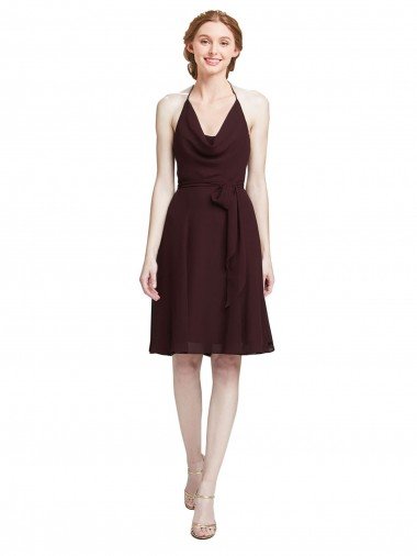 Shop Short Knee Length Chiffon Bridesmaids Dress with Halter Cowl Neck Sydney