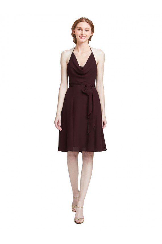 Shop Short Knee Length Chiffon Bridesmaids Dress with Halter Cowl Neck Sydney