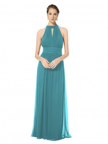 Ruched Long Chiffon Halter Bridesmaid Dress with Tie Back and Tails Sydney
