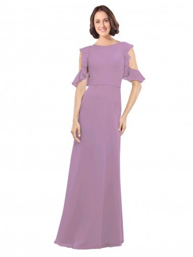 Shop Long Chiffon Bridesmaids Dress with Flounced Sleeve Detail and Criss Cross Back Sydney
