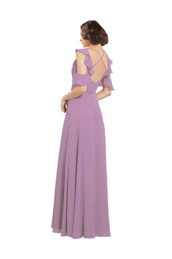 Shop Long Chiffon Bridesmaids Dress with Flounced Sleeve Detail and Criss Cross Back Sydney