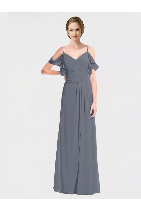 Long Chiffon Spaghetti Strap V-Neck Bridesmaid Dress with Off-The-Shoulder Flutter Sleeves Sydney