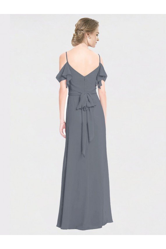 Long Chiffon Spaghetti Strap V-Neck Bridesmaid Dress with Off-The-Shoulder Flutter Sleeves Sydney