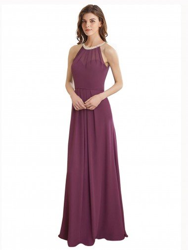 High Neckline Long Chiffon Bridesmaid Dress with Beaded Trim Sydney