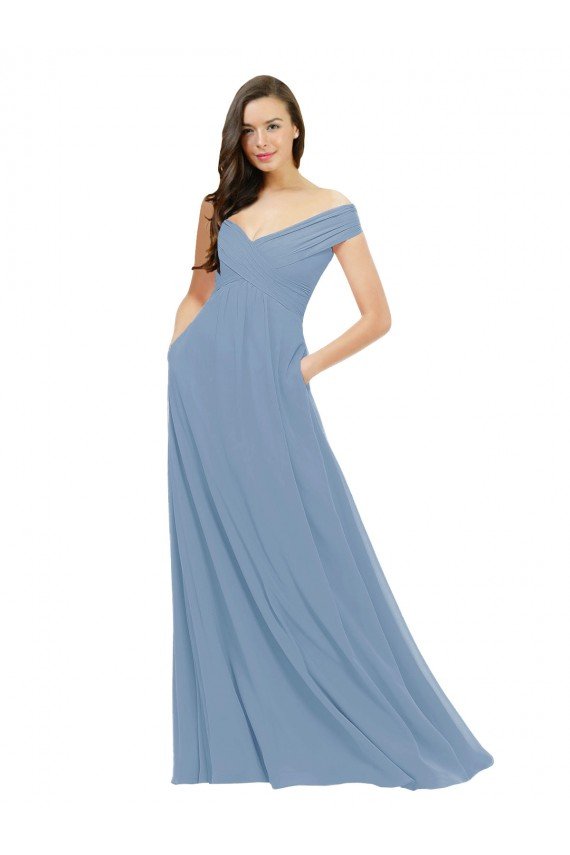 Shop Chiffon Bridesmaid Dress with Classic Off the Shoulder Neckline Sydney