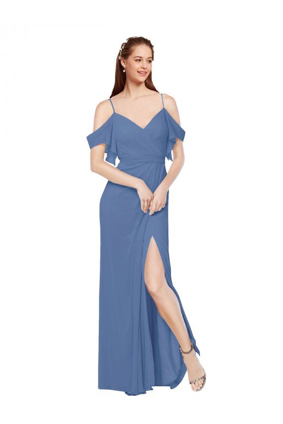 Shop Mock-Wrap Off the Shoulder Long Chiffon Bridesmaid Dress with Side Slit Sydney