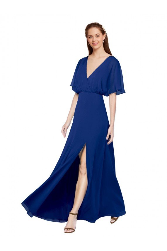 Shop V-Neck Long Chiffon Bridesmaid Dress with Dolman Sleeved Bodice and Slit Sydney