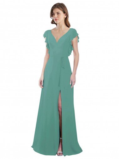Shop Full Length Chiffon Bridesmaid Dress with Ruffled Cap Sleeves and Side Slit Sydney