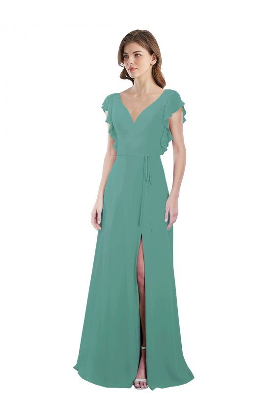 Full Length Chiffon Bridesmaid Dress with Ruffled Cap Sleeves and Side Slit Sydney