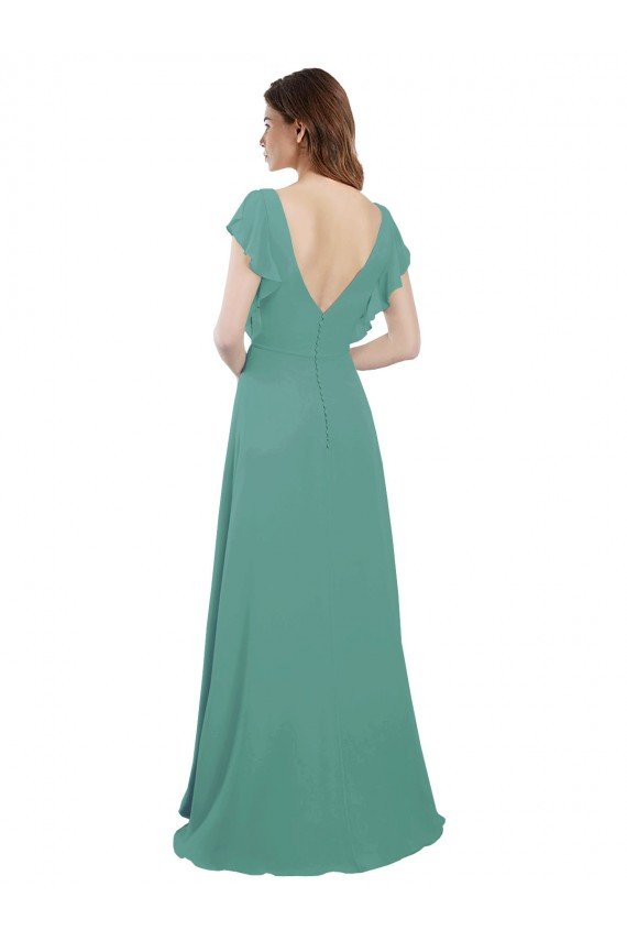 Full Length Chiffon Bridesmaid Dress with Ruffled Cap Sleeves and Side Slit Sydney
