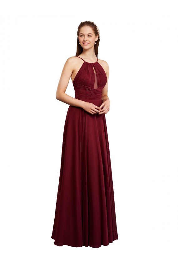 Shop Long A-Line Halter Neck Chiffon Bridesmaid Dress with Draped Bodice Sydney