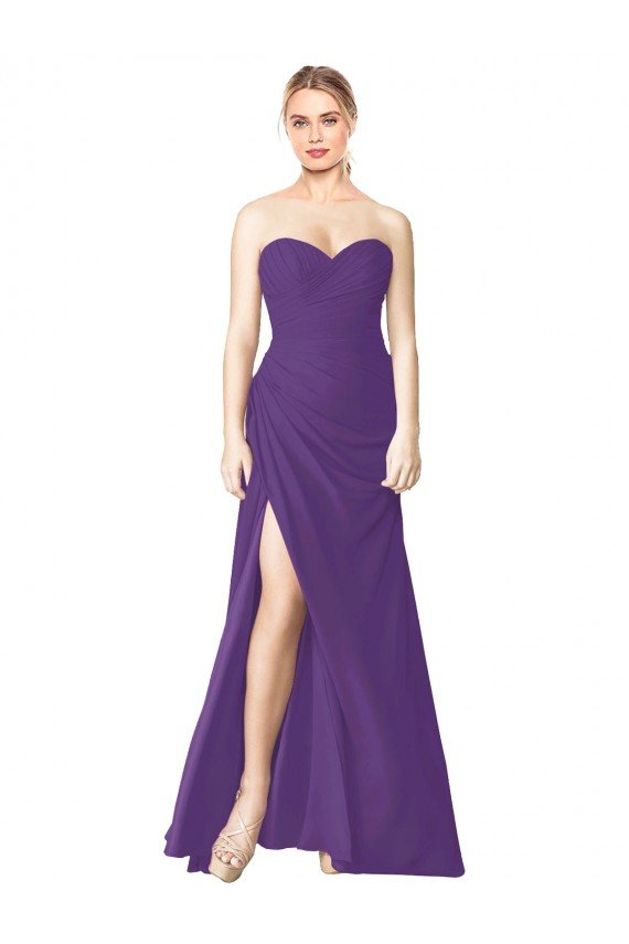 Shop Strapless Chiffon Bridesmaid Dress with Pleated Wrap Bodice and Side Slit Sydney