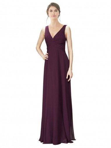 Shop Long Chiffon Bridesmaid Dress with Ruched Criss Cross V-Neck Bodice Sydney