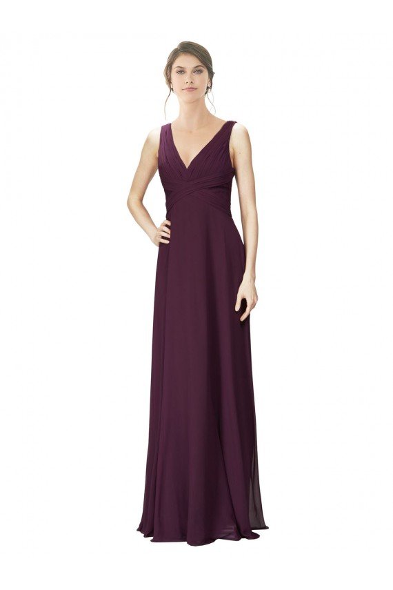 Shop Long Chiffon Bridesmaid Dress with Ruched Criss Cross V-Neck Bodice Sydney