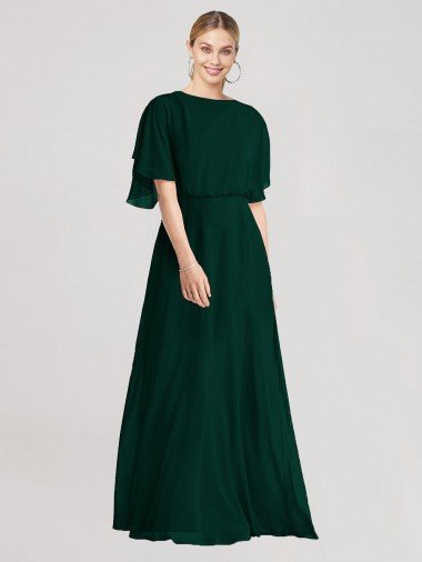 Shop Full-Length Flutter Sleeves Plunging V Back Chiffon Bridesmaid Dress Sydney