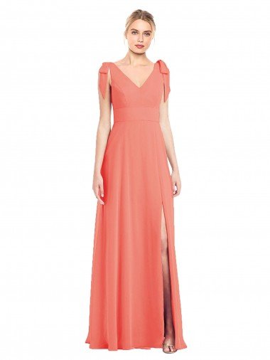 Shop Full Length Bow-Shoulder V-Back Chiffon Bridesmaid Dress with Front Slit Sydney