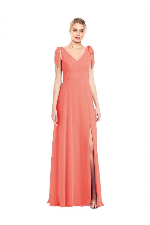 Shop Full Length Bow-Shoulder V-Back Chiffon Bridesmaid Dress with Front Slit Sydney
