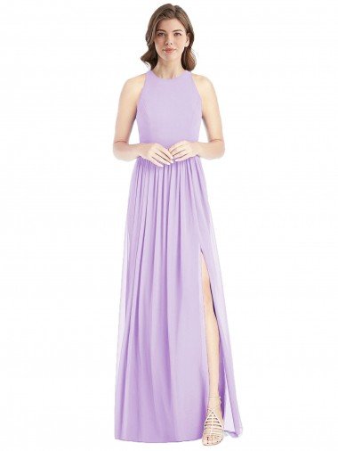 Shop Shirred Skirt Jewel Neck Halter Chiffon Bridesmaid Dress with Front Slit Sydney