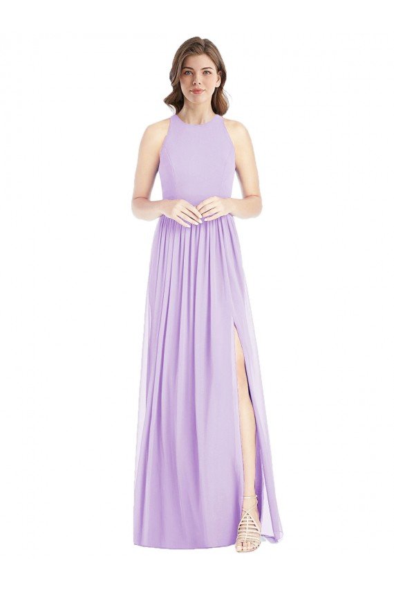 Shop Shirred Skirt Jewel Neck Halter Chiffon Bridesmaid Dress with Front Slit Sydney