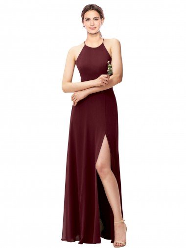 Shop Slim Long High Halter Neck Chiffon Bridesmaid Dress with High Side Slit Sydney