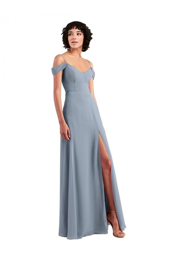 Off the Shoulder Folded Sleeve Long Chiffon Bridesmaid Dress with High Side Slit Sydney
