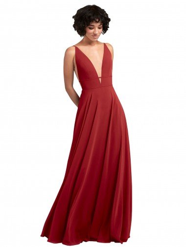 Shop Fitted Plunging Deep V-Neck Long Chiffon Bridesmaid Dress with V-Back Sydney