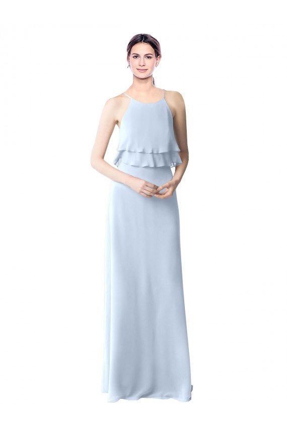 High Narrow Neck Long Chiffon Bridesmaid Dress with Tiered Ruffles Sydney