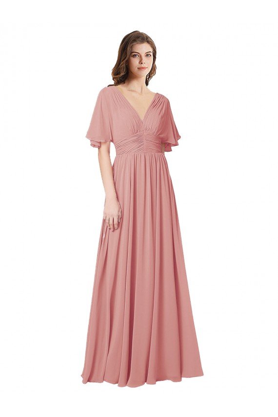 Flutter Sleeves Plunging V-Neck Boho Chiffon Bridesmaid Dress Sydney
