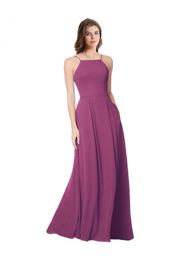 Shop Halter Neck Long Pleated Chiffon Bridesmaid Dress with Pockets Sydney