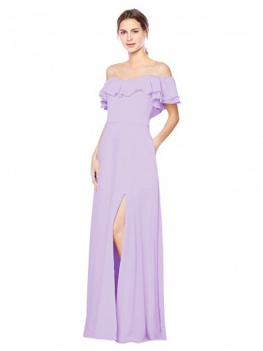 Shop Ruffled Off the Shoulder Long Chiffon Bridesmaid Dress with Slit Sydney