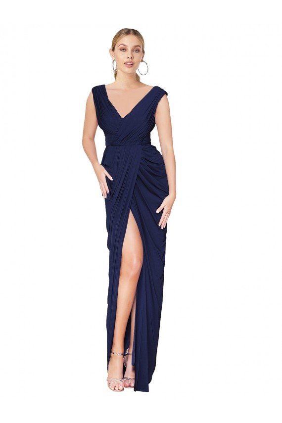 Shop Draped V-Neck Long Chiffon Bridesmaid Dress / Formal Prom Dress with Front Slit Sydney
