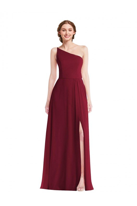 Shop One Shoulder Chiffon Maxi Bridesmaid Dress with Shirred Front Slit Sydney