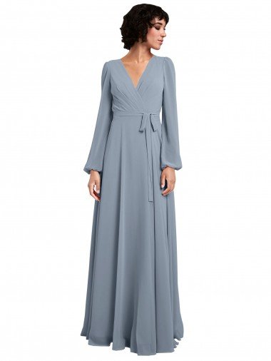 Shop Wrap Style Long Sleeves Chiffon Bridesmaid Dress with Pleated Bodice Sydney