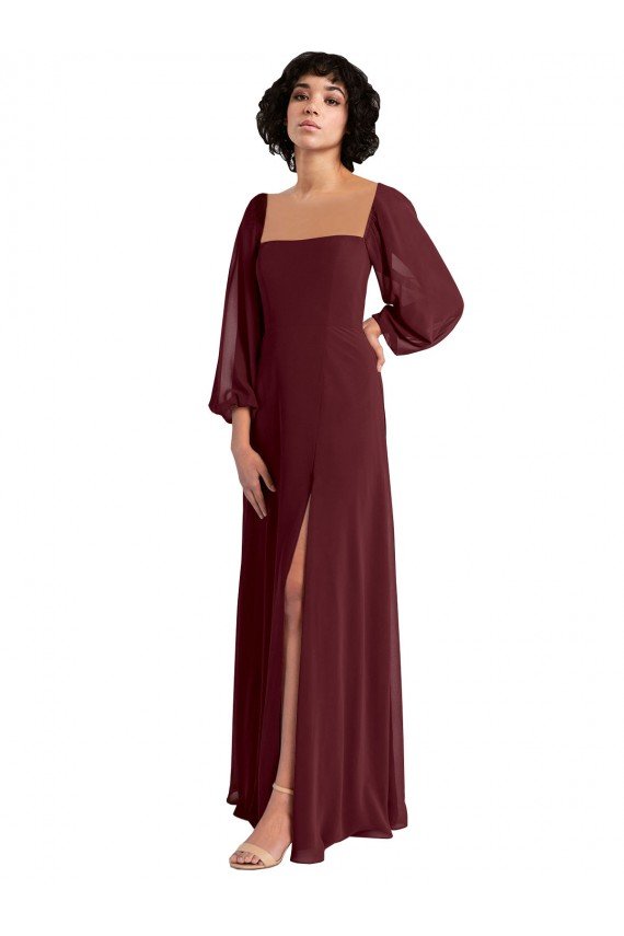 Shop Sheer Long Sleeves Chiffon Bridesmaid Dress with High Slit Sydney