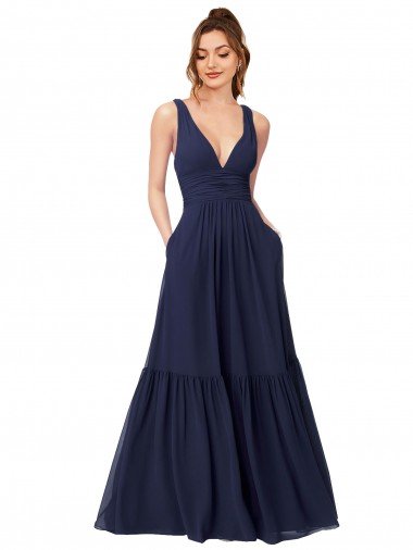Shop Floor Length Deep V-Neck Ruched Chiffon Long Bridesmaid Dress Sydney
