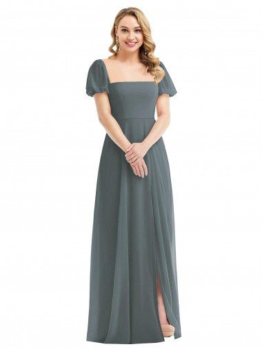 Shop Puff Sleeves Chiffon Maxi Bridesmaid Dress with Front Slit Sydney