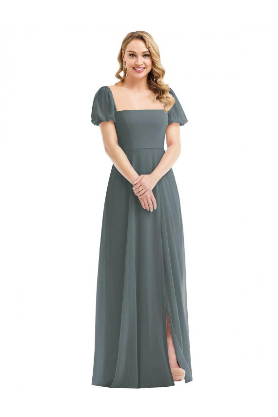 Shop Puff Sleeves Chiffon Maxi Bridesmaid Dress with Front Slit Sydney