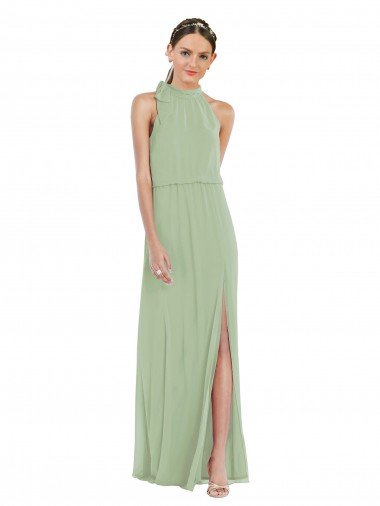 Shop High Neck Scarf Tie Blouson Bodice Maxi Bridesmaid Dress with Front Slit Sydney