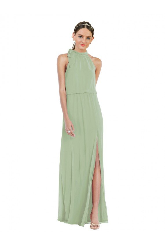 Shop High Neck Scarf Tie Blouson Bodice Maxi Bridesmaid Dress with Front Slit Sydney