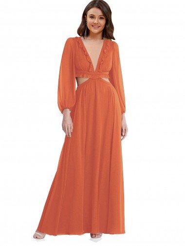 Shop High Low Ruffled Long Chiffon Cutout Bishop Sleeves Maxi Bridesmaid Dress Sydney