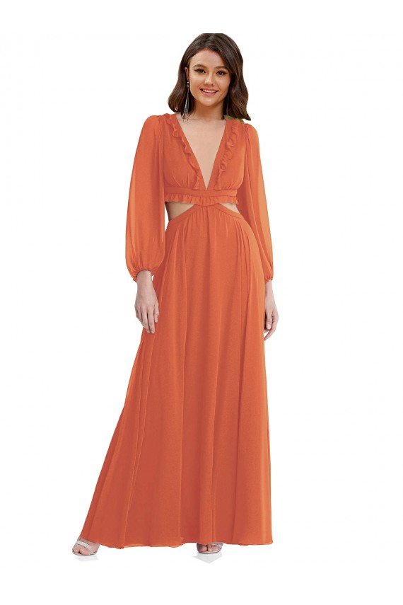 Shop High Low Ruffled Long Chiffon Cutout Bishop Sleeves Maxi Bridesmaid Dress Sydney