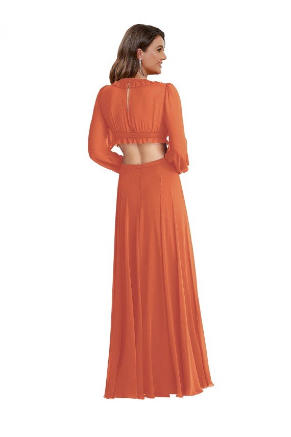 Shop High Low Ruffled Long Chiffon Cutout Bishop Sleeves Maxi Bridesmaid Dress Sydney
