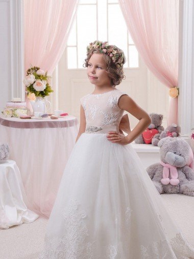 Shop Ivory Ball Gown Bateau Neck Chapel Train V-Back Flower Girl Dress Sydney